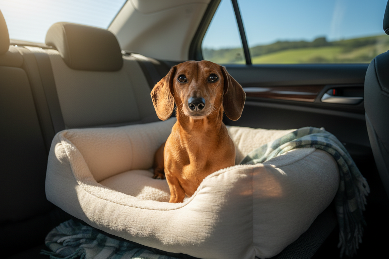 Dachshund on dog bed in car